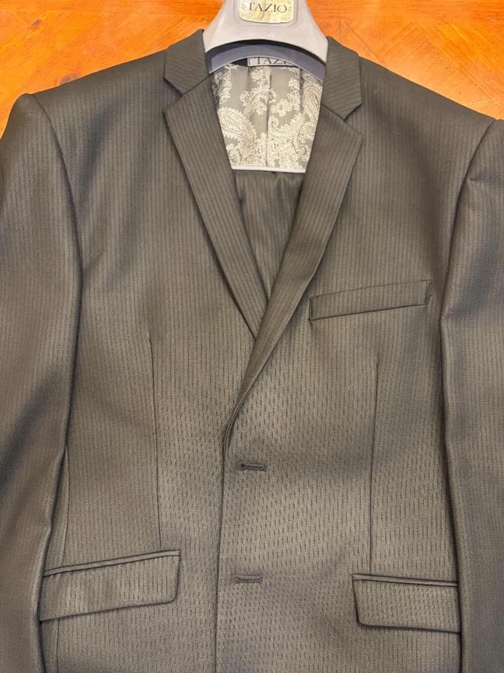 Tazio 2 Piece Suit Men's 40R slim Black STRIPED Wool Hand Tailored Made in Italy